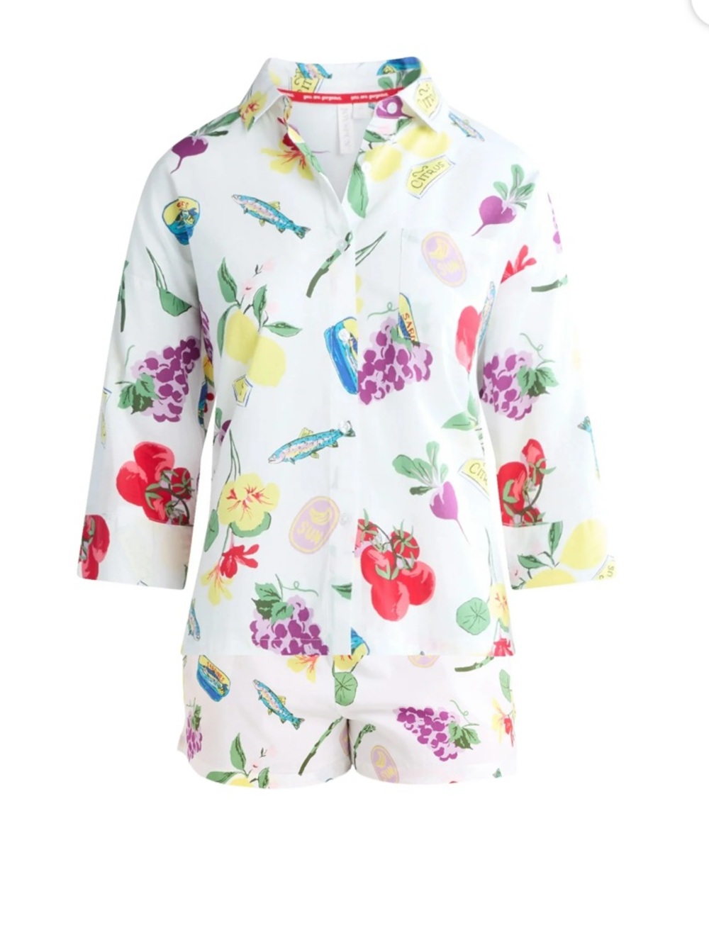 2-Piece Pajama Set – Breathable Button-Up Top & Shorts – Veggie – NWT